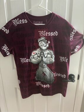 Popeye the Sailor Man "Blessed" Maroon All-Over T shirt Large